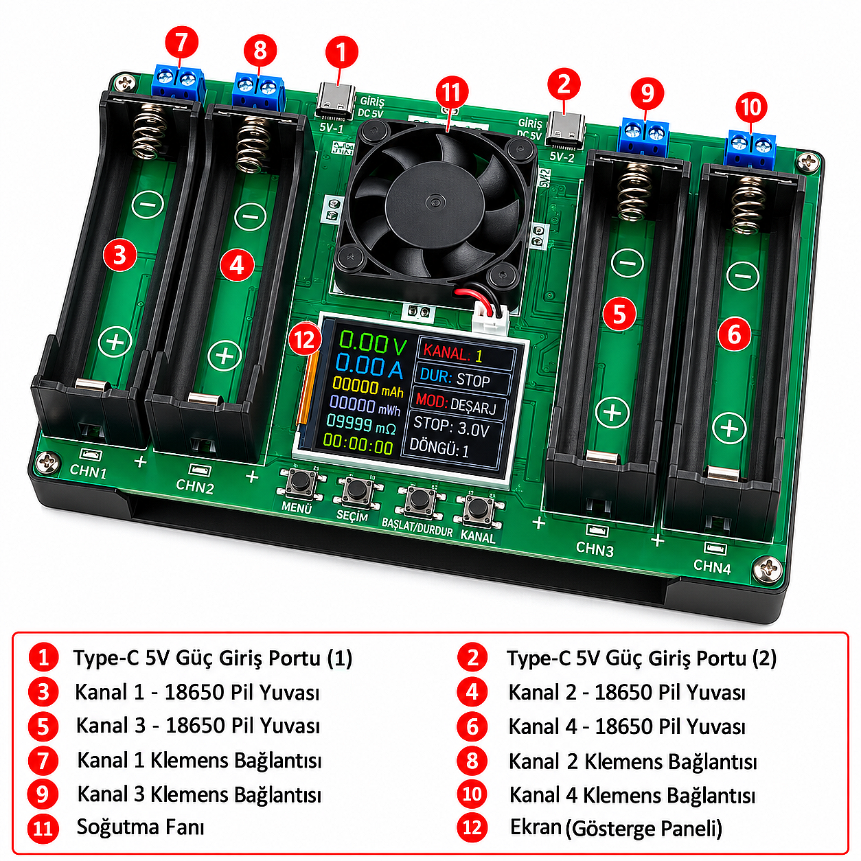 4 Kanallı 18650 LCD Dijital Lityum Pil Kapasite Ölçüm ve Test Cihazı Modülü (Çok Al Az Öde İle %20'ye Varan İndirimli) - 2