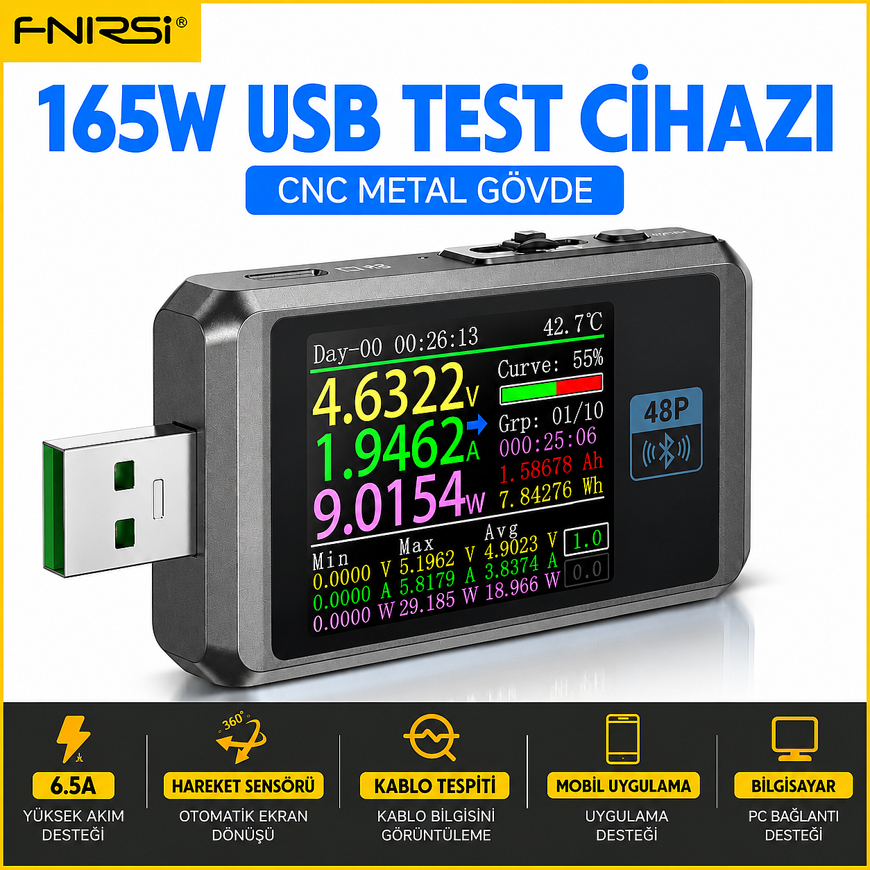 FNIRSI FNB48P 165W USB Type-C Test Cihazı – Bluetooth, PD Hızlı Şarj, Voltaj Akım Güç ve Kapasite Ölçer (Çok Al Az Öde İle %20'ye Varan İndirimli) - 2