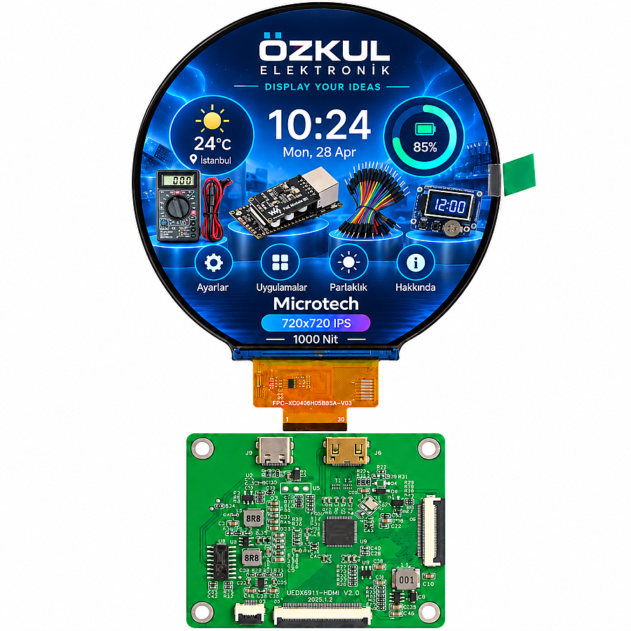 Microtech 4.0 İnç 720x720 IPS Yuvarlak TFT LCD Ekran ve Ekran Kartı – MIPI Arayüz, 1000 Nit - 1