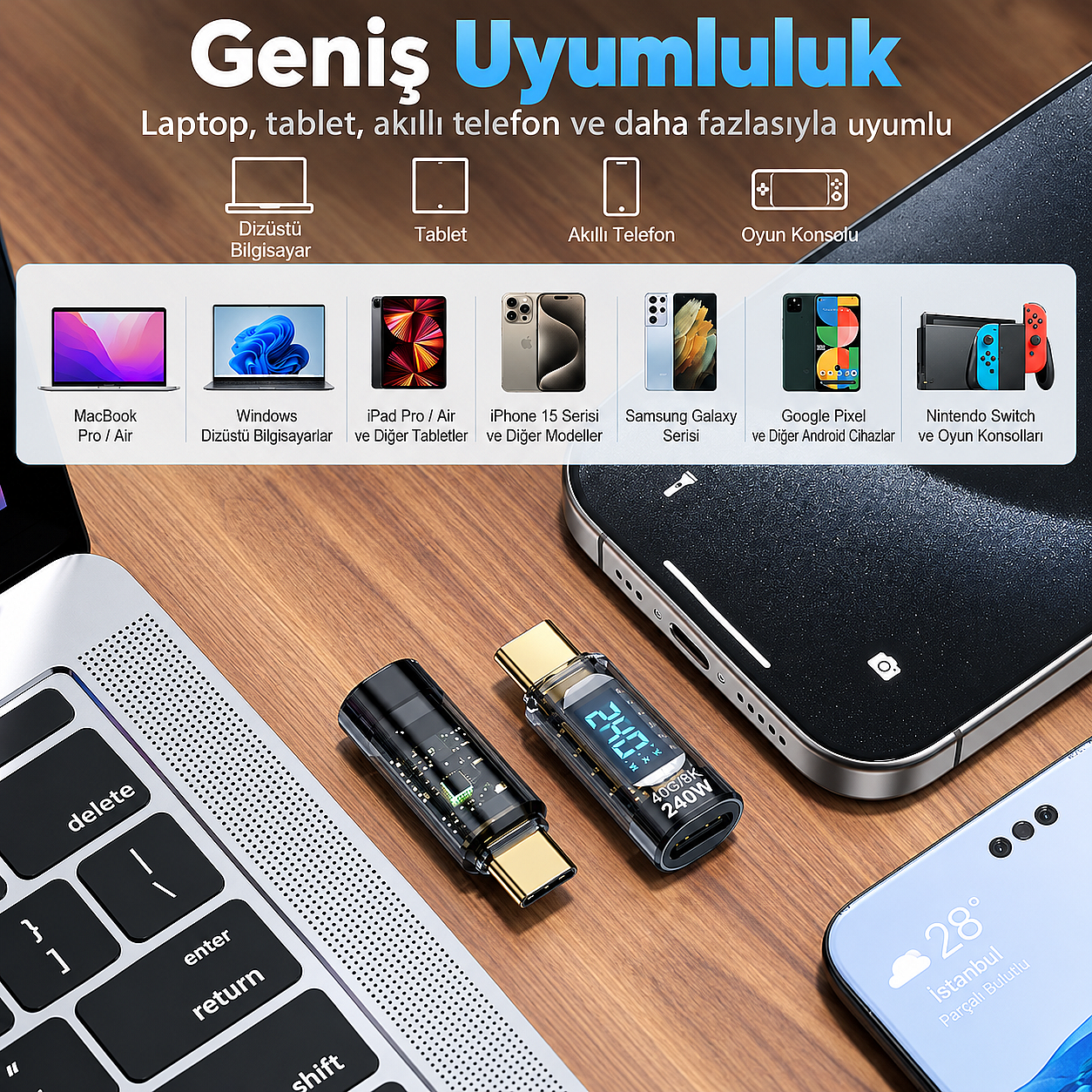 240W USB 3.1 Type-C Dijital Güç Ölçer Adaptör – 40Gbps Veri Aktarımı, 8K Görüntü Destekli Voltaj Akım Watt Göstergeli (Çok Al Az Öde İle %20'ye Varan İndirimli) - 2