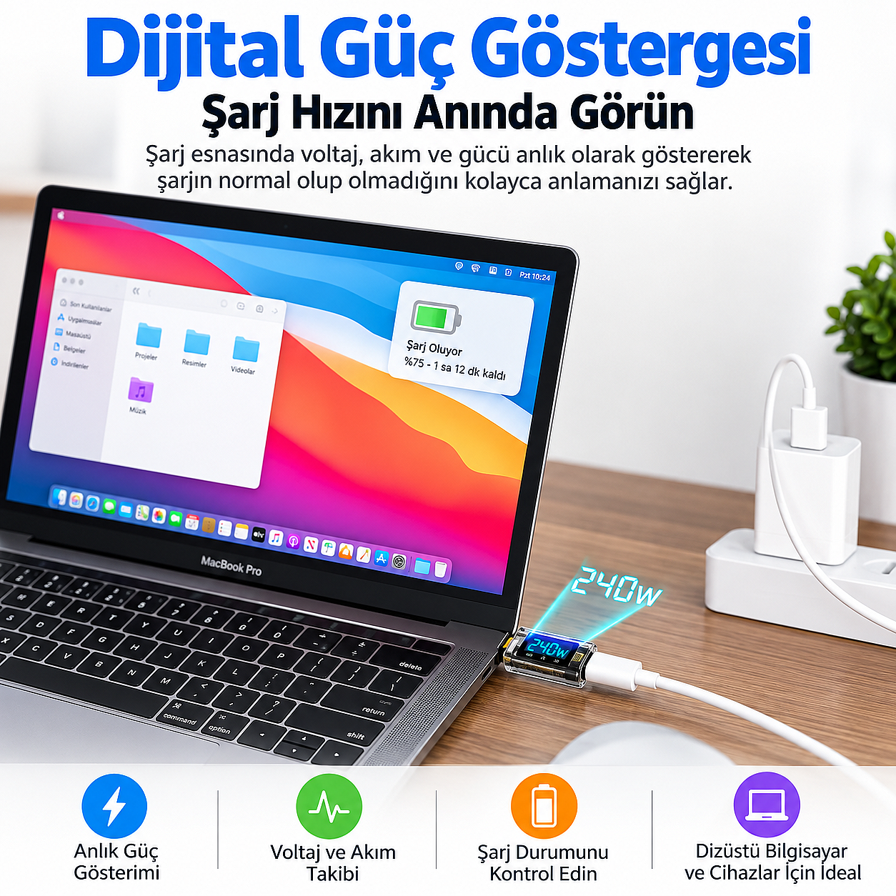 240W USB 3.1 Type-C Dijital Güç Ölçer Adaptör – 40Gbps Veri Aktarımı, 8K Görüntü Destekli Voltaj Akım Watt Göstergeli (Çok Al Az Öde İle %20'ye Varan İndirimli) - 4