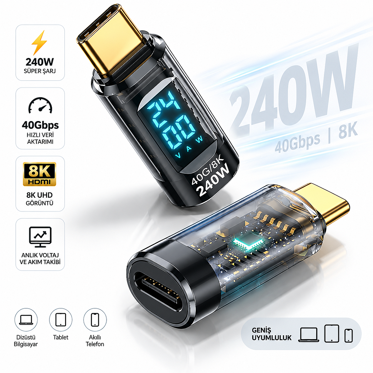 240W USB 3.1 Type-C Dijital Güç Ölçer Adaptör – 40Gbps Veri Aktarımı, 8K Görüntü Destekli Voltaj Akım Watt Göstergeli (Çok Al Az Öde İle %20'ye Varan İndirimli) - 