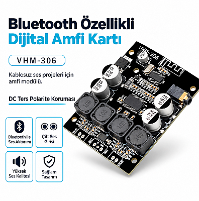 VHM-306 TPA3118 2x30W Bluetooth Stereo Amfi Modülü – Çift Kanal Amplifikatör Kartı - 