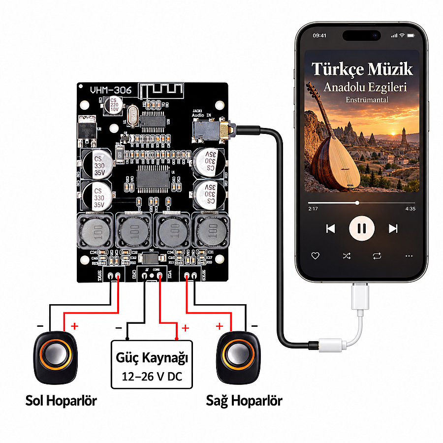 VHM-306 TPA3118 2x30W Bluetooth Stereo Amfi Modülü – Çift Kanal Amplifikatör Kartı - 3