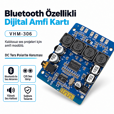 VHM-306 TPA3118 2x30W Bluetooth Stereo Amfi Modülü – Çift Kanal Amplifikatör Kartı - 