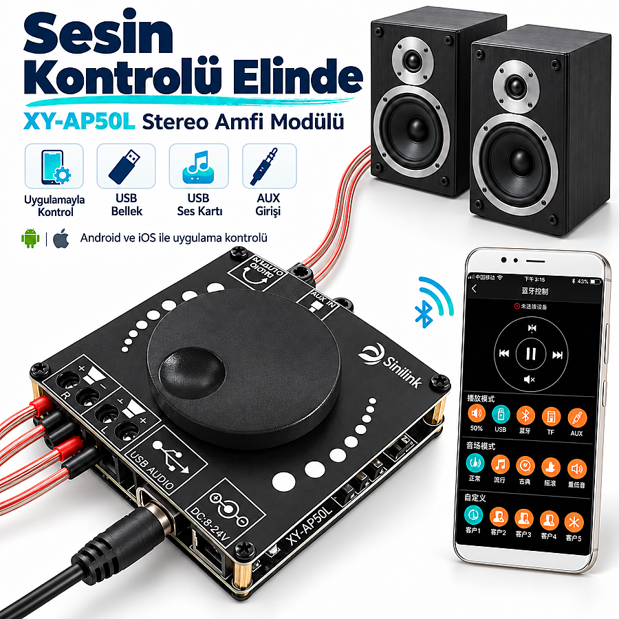 XY-AP50L 2x50W Bluetooth 5.0 Çift Kanal Stereo Amfi Modülü – Telefon Uygulamasıyla Kontrol, USB ve AUX Girişli - 1