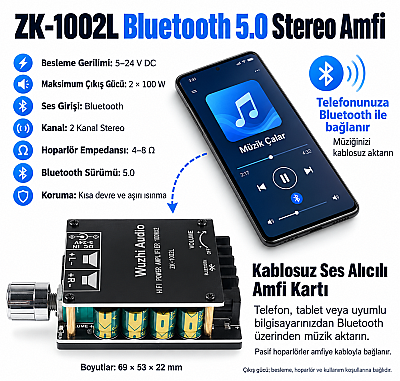 ZK-1002L TPA3116D2 2x100W Bluetooth 5.0 Stereo Amfi Modülü – Mini Amplifikatör Kartı - 3