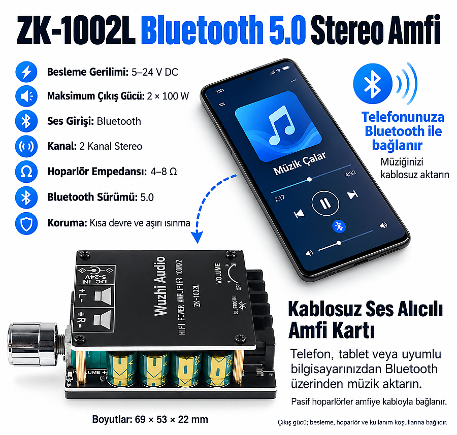 ZK-1002L TPA3116D2 2x100W Bluetooth 5.0 Stereo Amfi Modülü – Mini Amplifikatör Kartı - 3