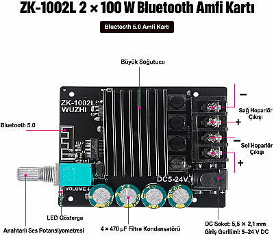 ZK-1002L TPA3116D2 2x100W Bluetooth 5.0 Stereo Amfi Modülü – Mini Amplifikatör Kartı - 4