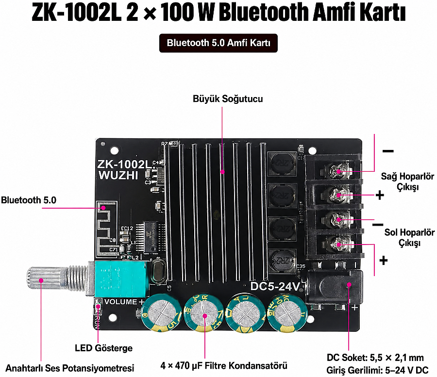 ZK-1002L TPA3116D2 2x100W Bluetooth 5.0 Stereo Amfi Modülü – Mini Amplifikatör Kartı - 4