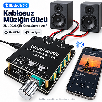 ZK-1002L TPA3116D2 2x100W Bluetooth 5.0 Stereo Amfi Modülü – Mini Amplifikatör Kartı - 