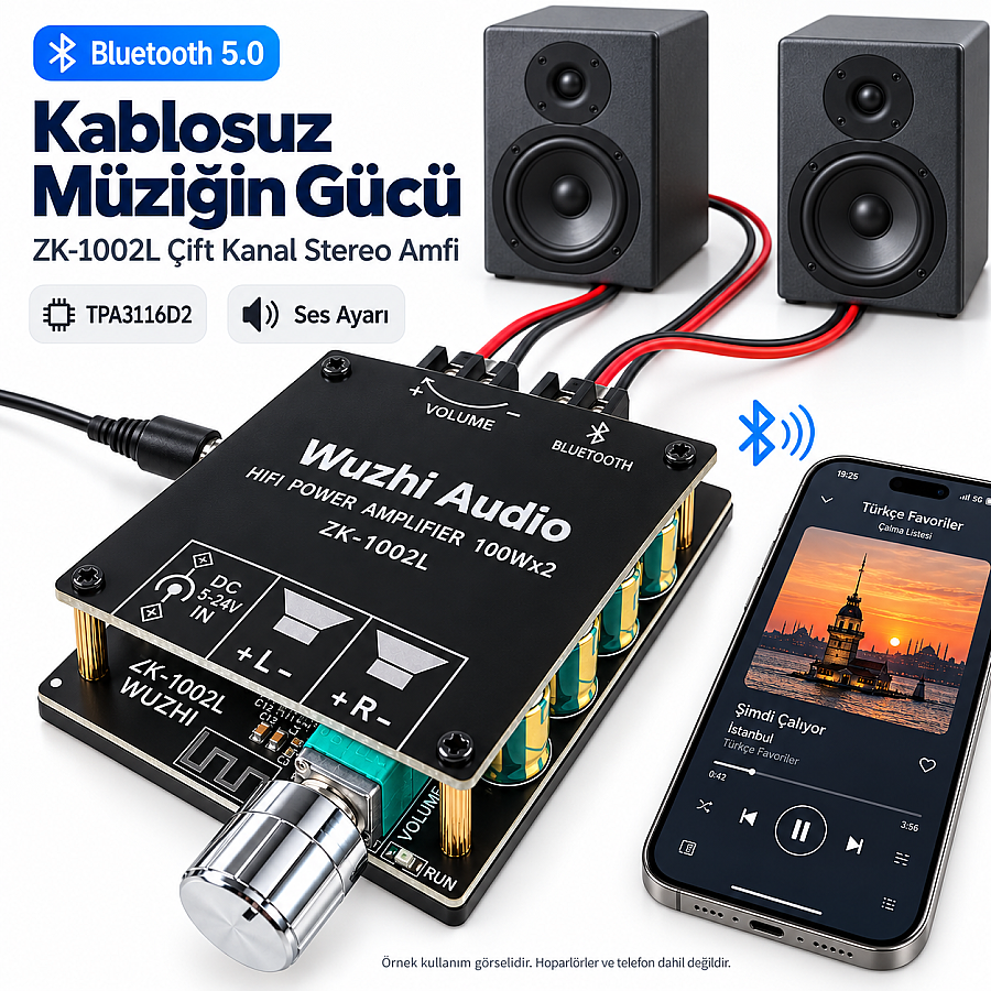 ZK-1002L TPA3116D2 2x100W Bluetooth 5.0 Stereo Amfi Modülü – Mini Amplifikatör Kartı - 1
