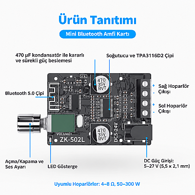 ZK-502L TPA3116D2 Çift Kanal 2x50W Bluetooth 5.0 Stereo Amfi Modülü – Mini Amplifikatör Kartı - 3
