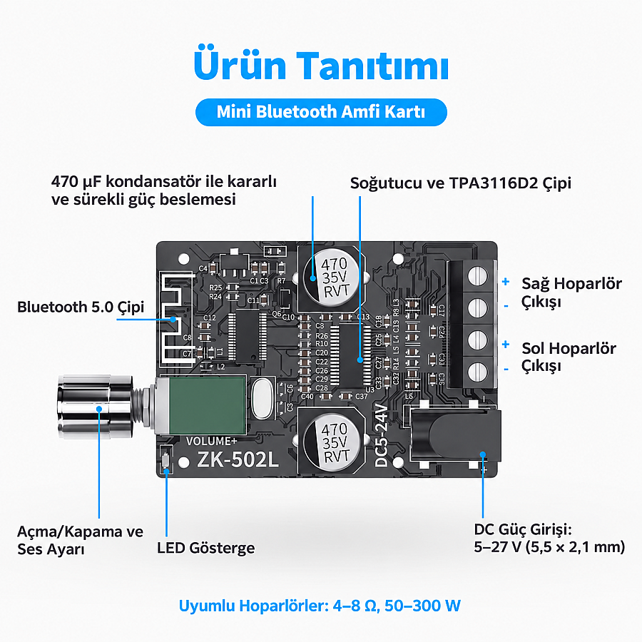 ZK-502L TPA3116D2 Çift Kanal 2x50W Bluetooth 5.0 Stereo Amfi Modülü – Mini Amplifikatör Kartı - 3