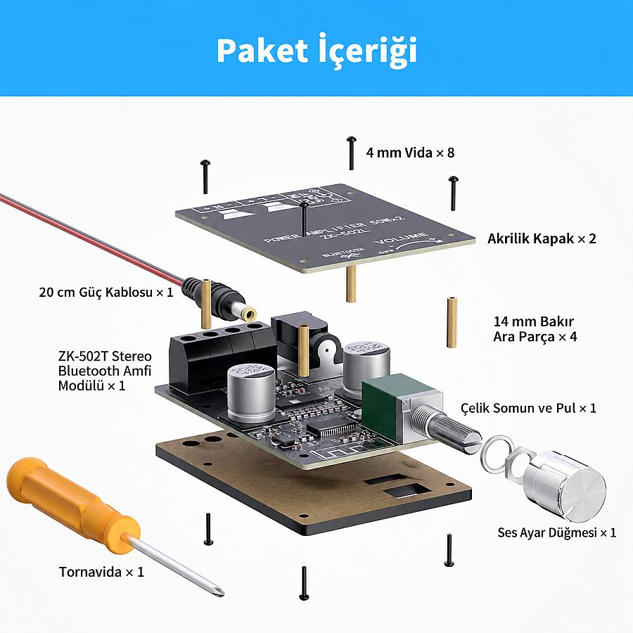 ZK-502L TPA3116D2 Çift Kanal 2x50W Bluetooth 5.0 Stereo Amfi Modülü – Mini Amplifikatör Kartı - 4