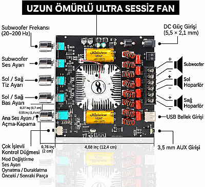 ZK-AS21 Çift TPA3255 Bluetooth 2.1 Kanal Amfi Modülü – Subwoofer Çıkışlı, Bas ve Tiz Ayarlı Amplifikatör - 4