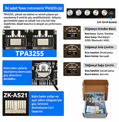 ZK-AS21 Çift TPA3255 Bluetooth 2.1 Kanal Amfi Modülü – Subwoofer Çıkışlı, Bas ve Tiz Ayarlı Amplifikatör - 5
