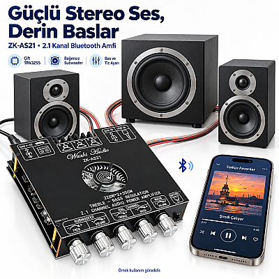 ZK-AS21 Çift TPA3255 Bluetooth 2.1 Kanal Amfi Modülü – Subwoofer Çıkışlı, Bas ve Tiz Ayarlı Amplifikatör - 